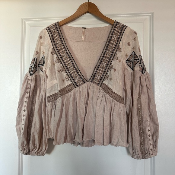 Free People Beige Embroidered V-Neck Blouse - Picture 1 of 2